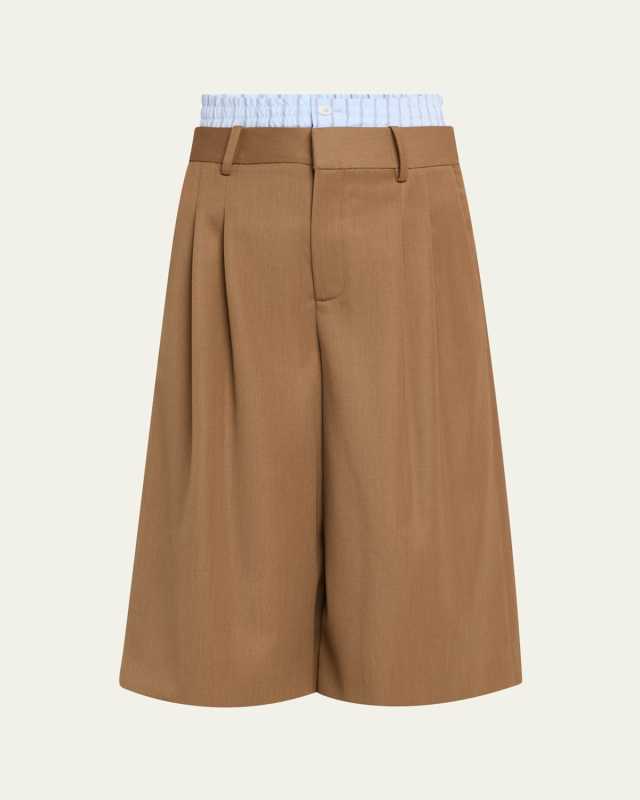 Double Wasitband Tailored Long Wool Shorts